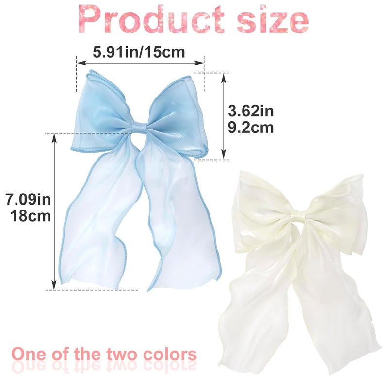 STSTR 2Pcs Large Hair Bow Clips, Blue White Silk Yarn Ribbon Bow Hair Barrette for Women, Elegant Long Tail Bowknot French Hairstyles Accessories for Wedding, Parties, Festivals - Image 2